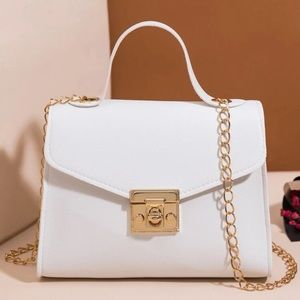 Vegan leather top handle gold chain crossbody bag lock flap purse white